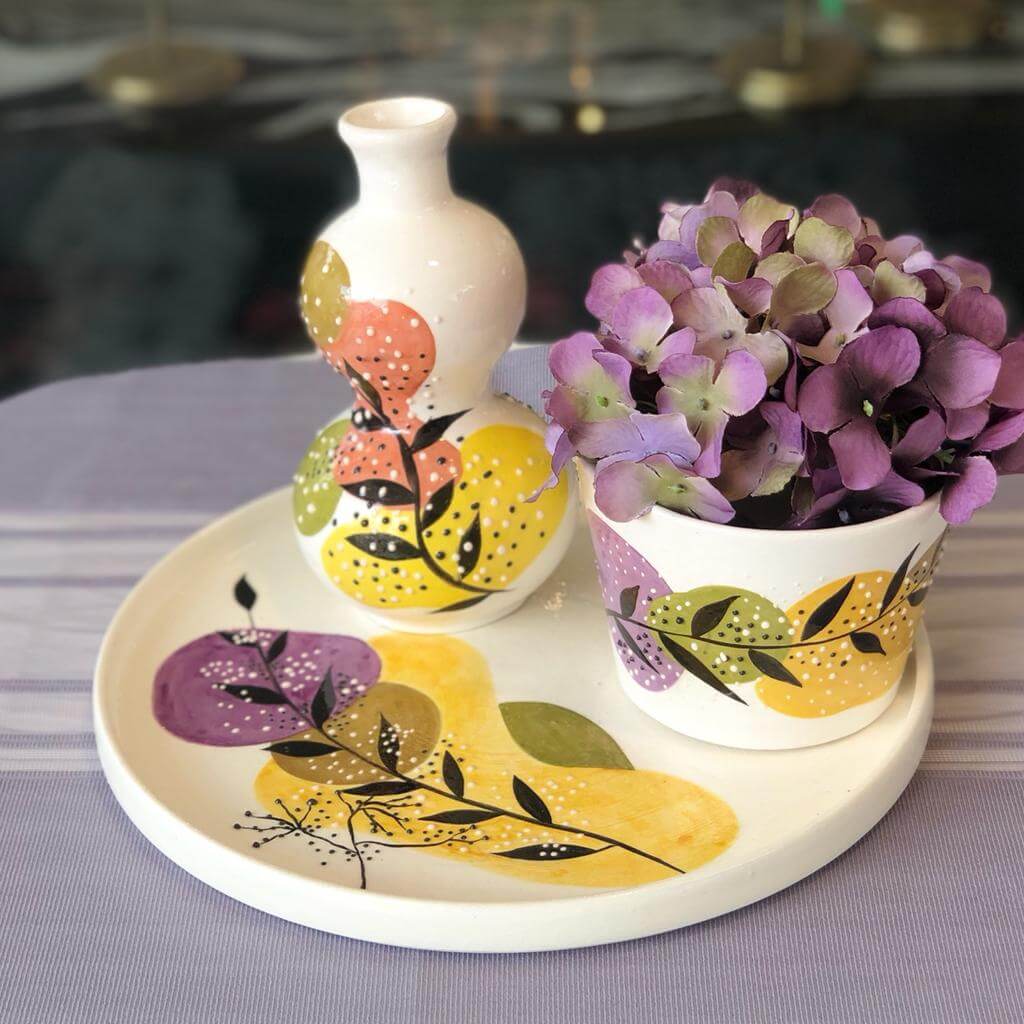 Seramik 3'lü Takım (Tabak, Vazo, Saksı)